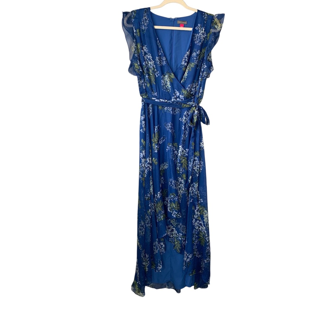 Vince Camuto blue floral faux wrap hi-low hemline w flutter sleeve. Size 6